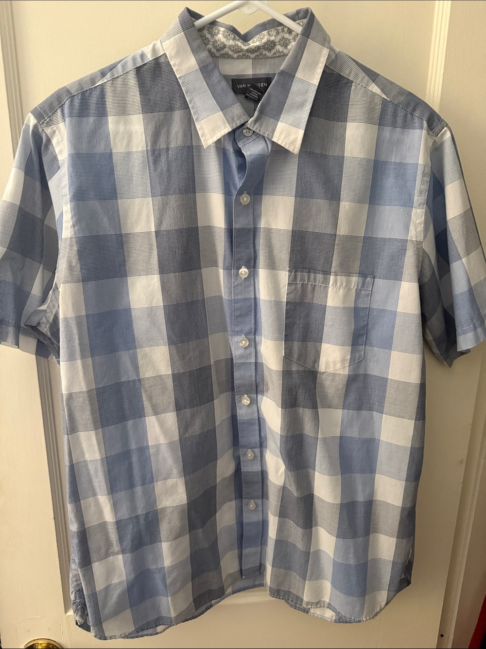 Van Heusen Light Blue and White Check Short Sleeve Button-Down Shirt